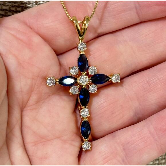 Delicate blue & white crystal cross pendant on goldtone chain religious jewelry - Picture 4 of 5